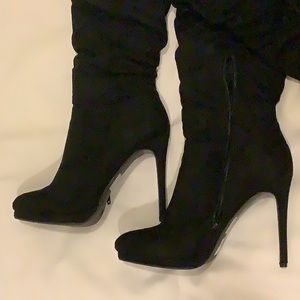 Black, suede-like, heeled boots